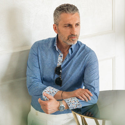 Camasa barbati casual bleu denim cu garnituri florale Merer