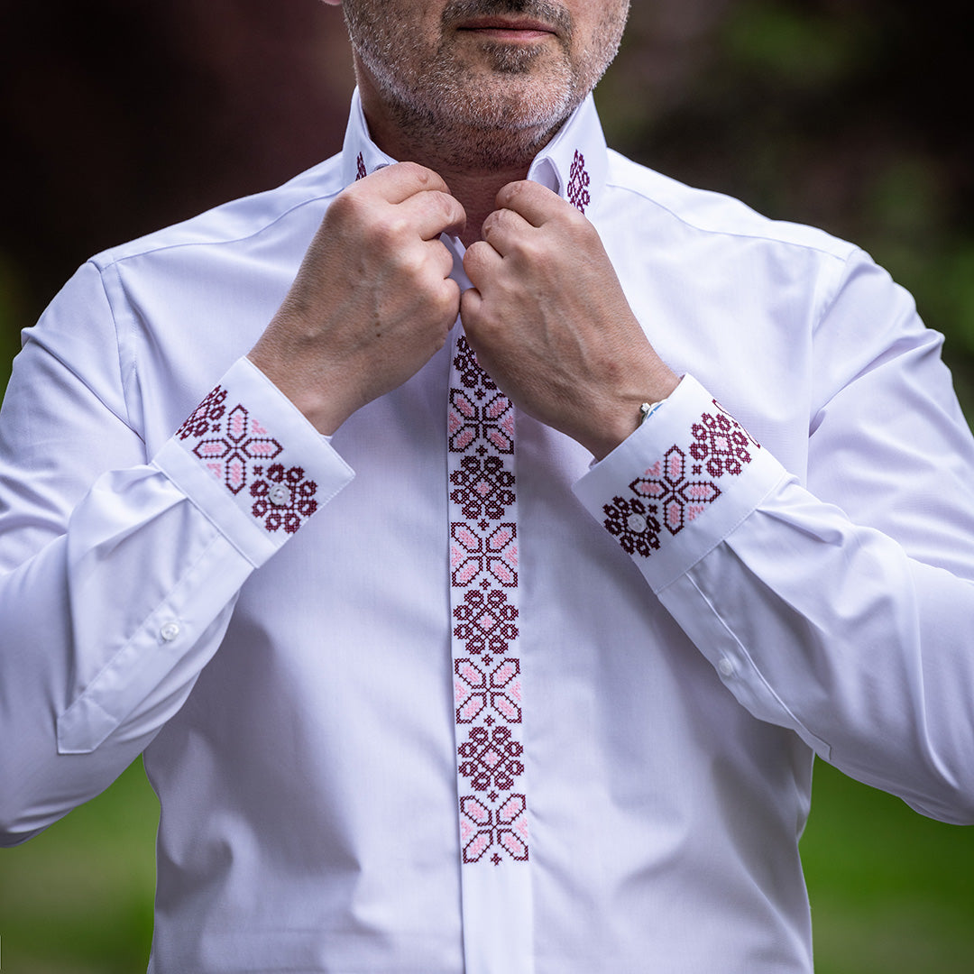 Men's casual white shirt with traditional motifs and navy blue and pink embroidery Merer