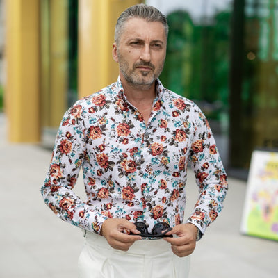 Camasa barbati casual alba imprimeu model floral Merer