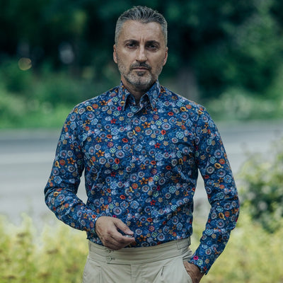 Men's casual blue printed shirt with floral pattern Merer 