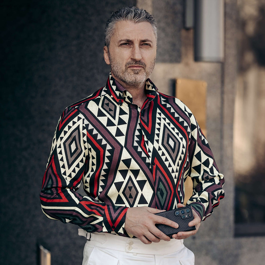 IN shirt with large tribal pattern