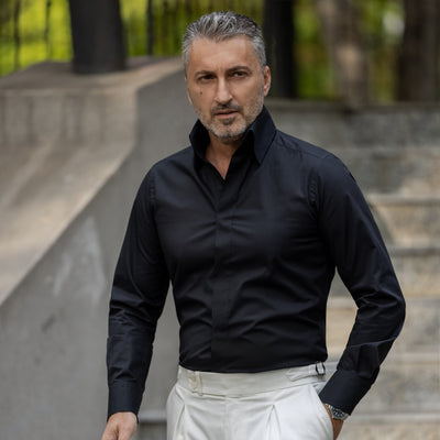 Camasa barbati neagra business casual cu guler foarte inalt