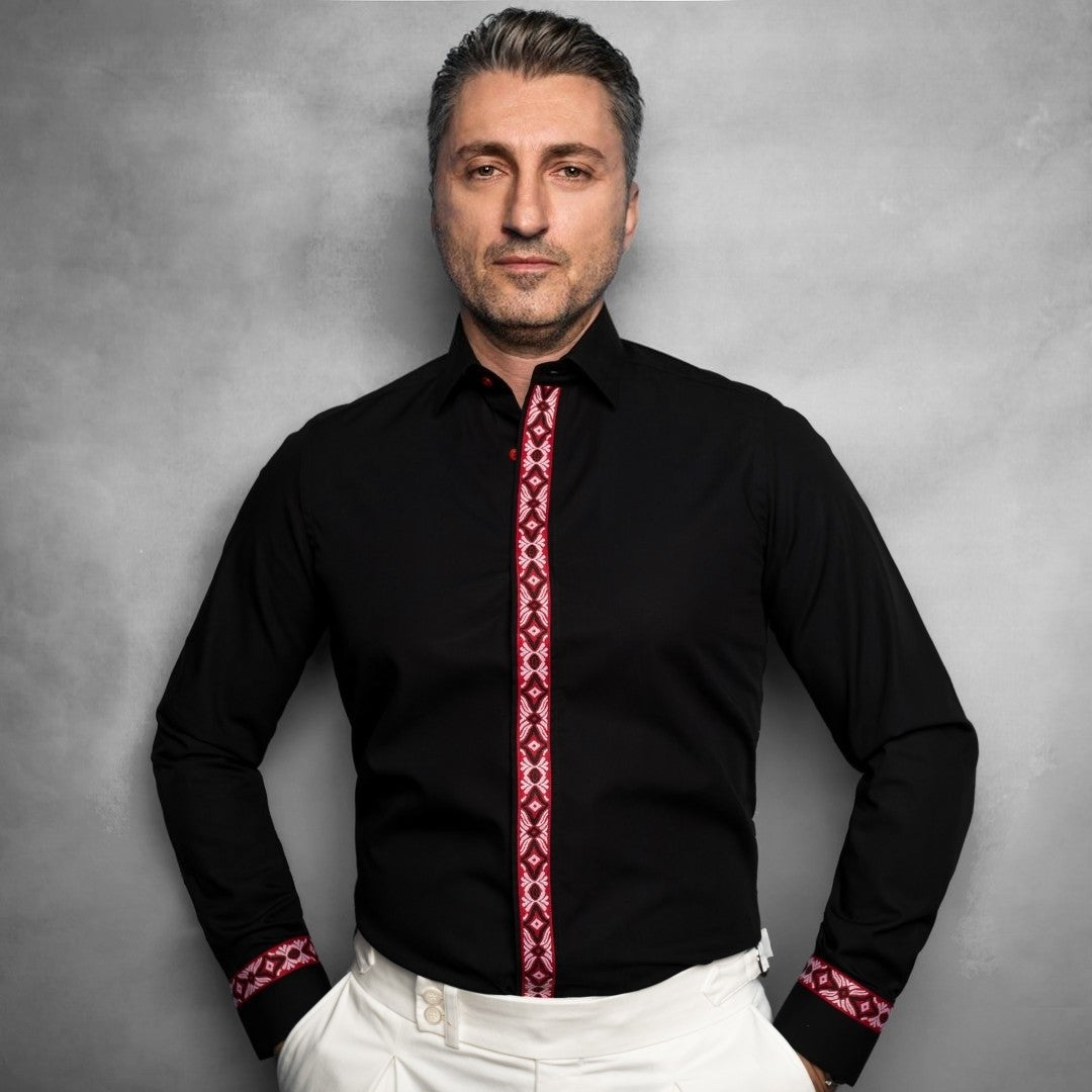 Men's casual black shirt with traditional red motifs Merer