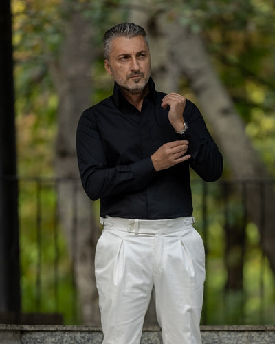 Camasa barbati neagra business casual cu guler foarte inalt