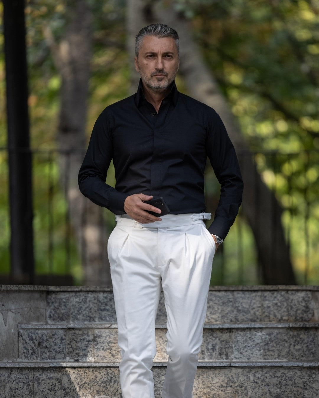 Camasa barbati neagra business casual cu guler foarte inalt