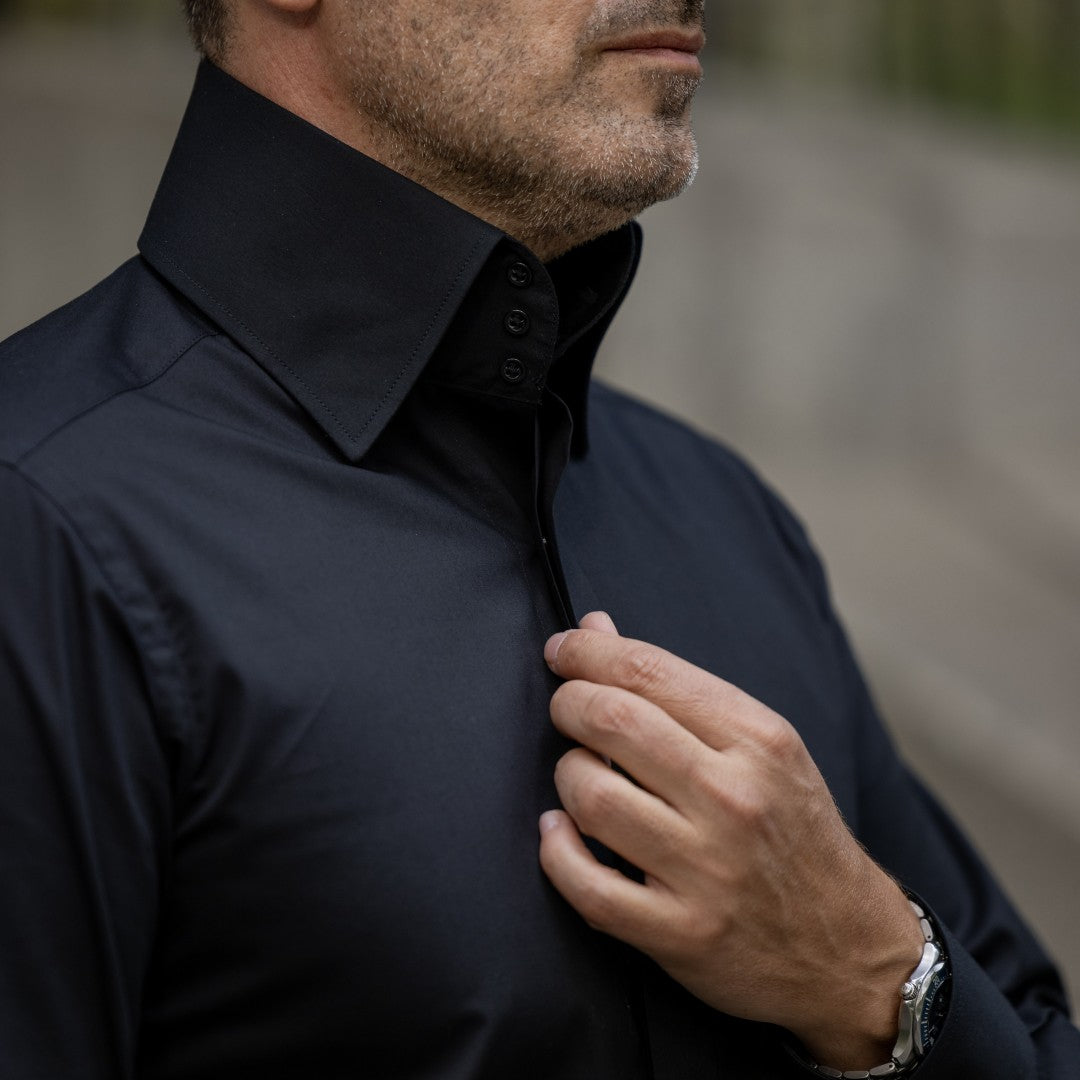 Camasa barbati neagra business casual cu guler foarte inalt