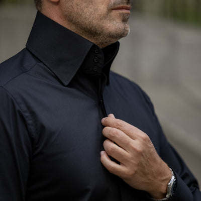 Camasa barbati neagra business casual cu guler foarte inalt