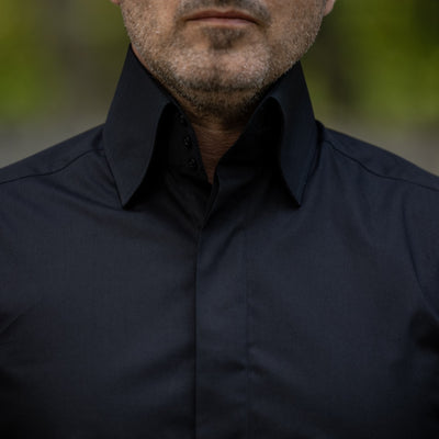 Camasa barbati neagra business casual cu guler foarte inalt