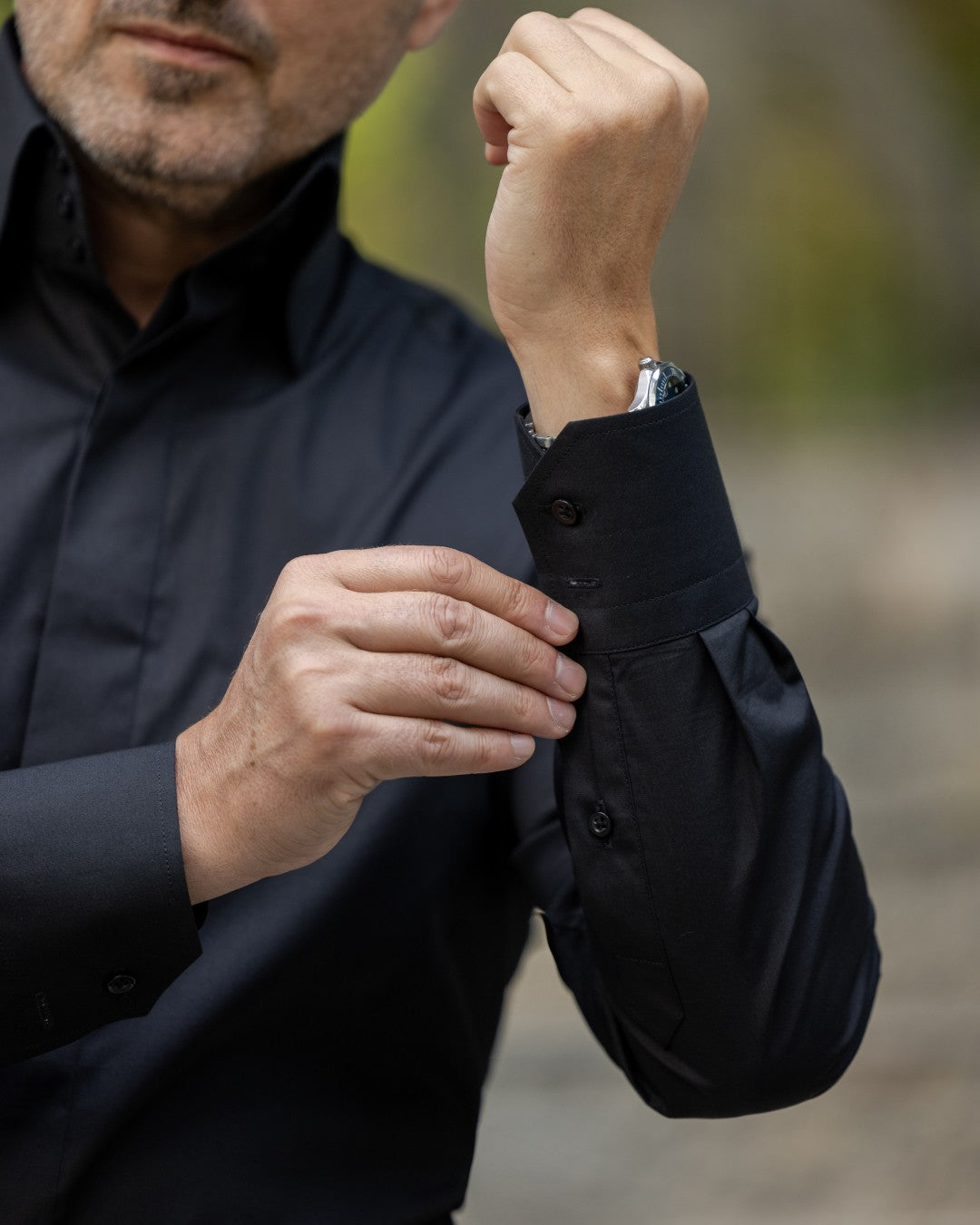 Camasa barbati neagra business casual cu guler foarte inalt