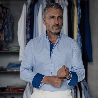 Camasa barbati business casual bleu pied de coq cu detalii design Merer