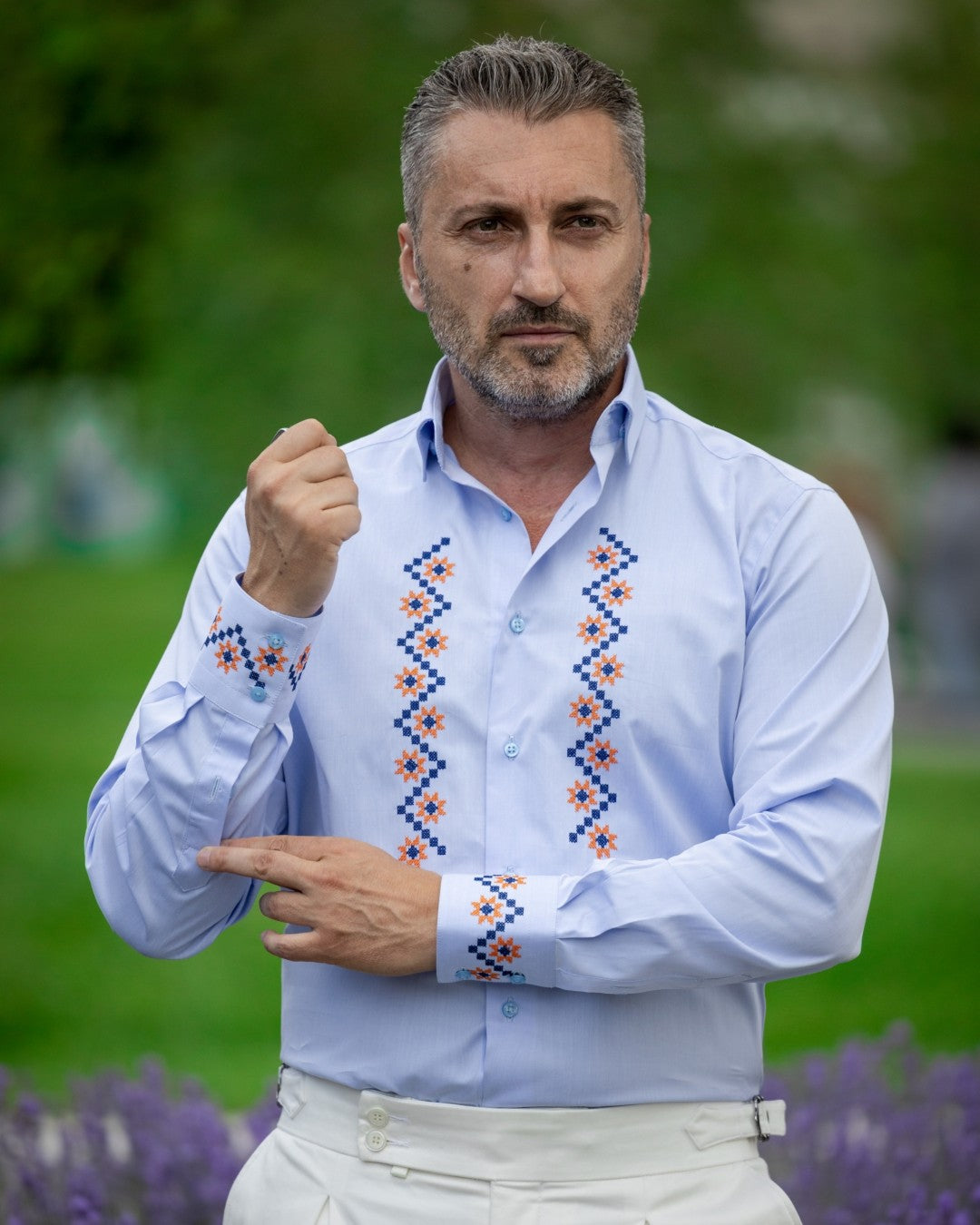 Men's casual blue shirt with traditional motifs and Merer embroidery