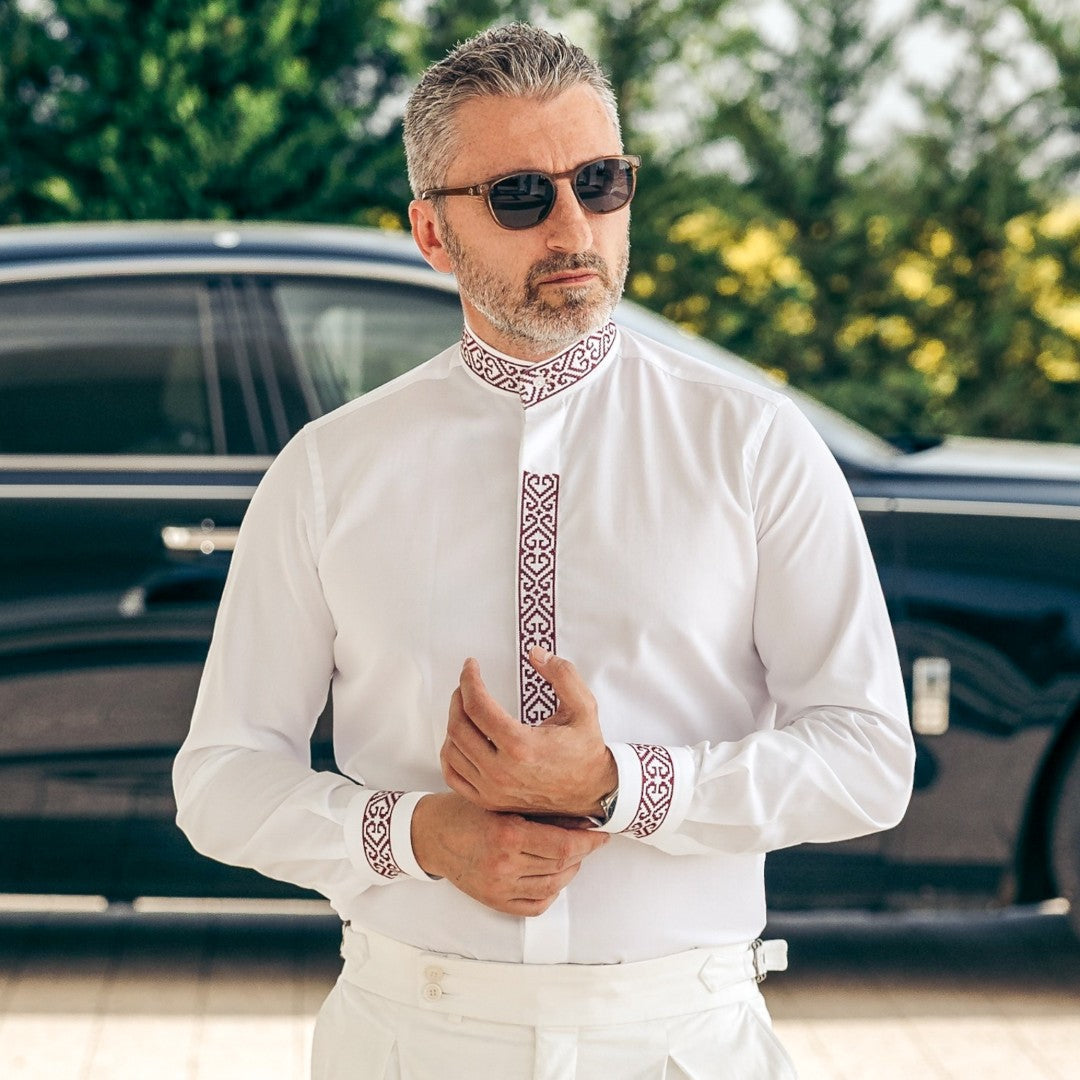 Camasa barbati casual traditionala brodata grena Merer