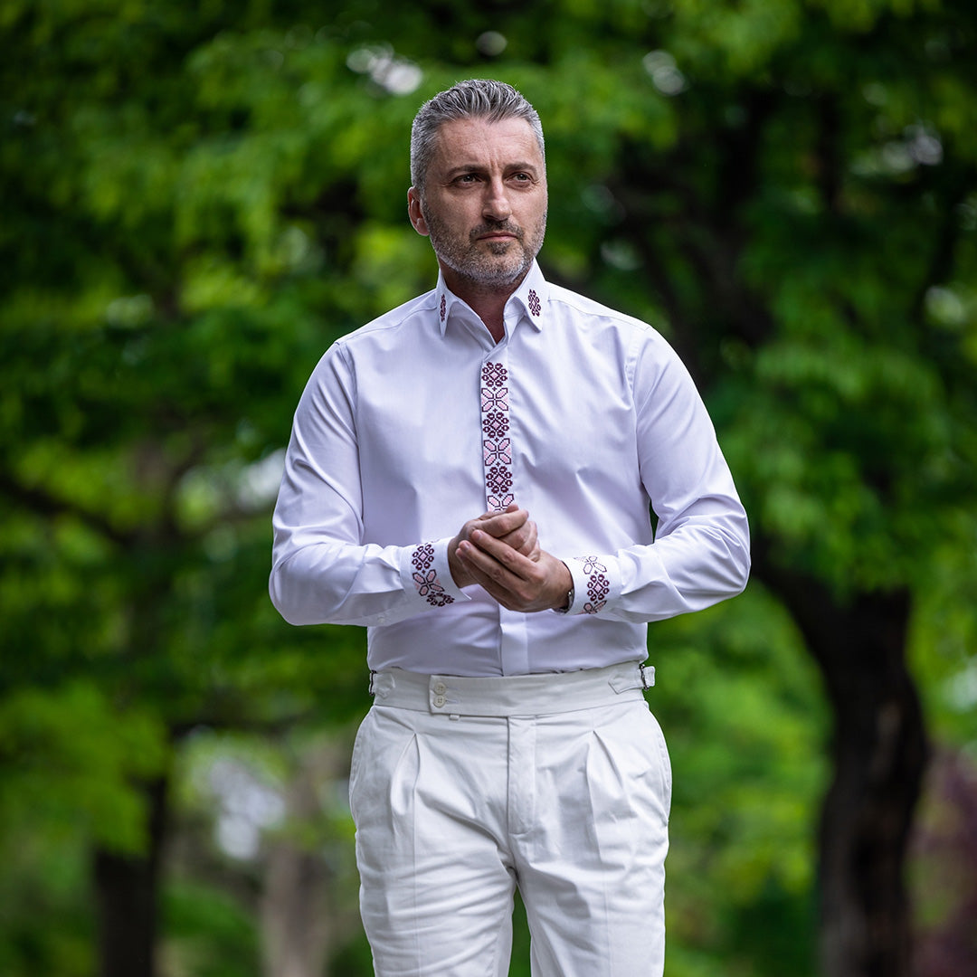 Men's casual white shirt with traditional motifs and navy blue and pink embroidery Merer