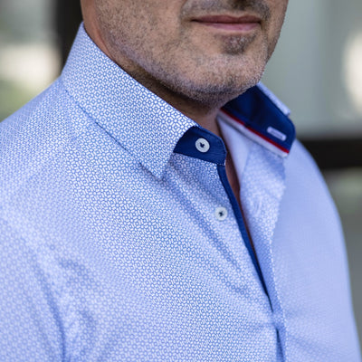 Men's blue business casual shirt with Merer design details