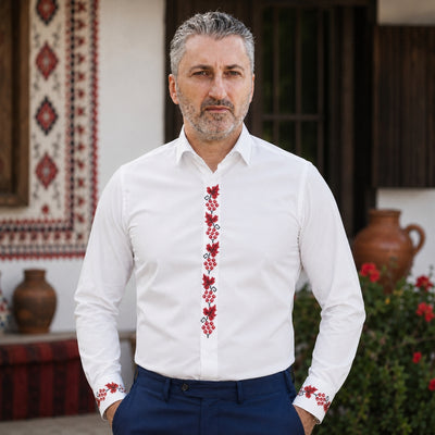Men's casual white traditional shirt embroidered with grape motifs Merer