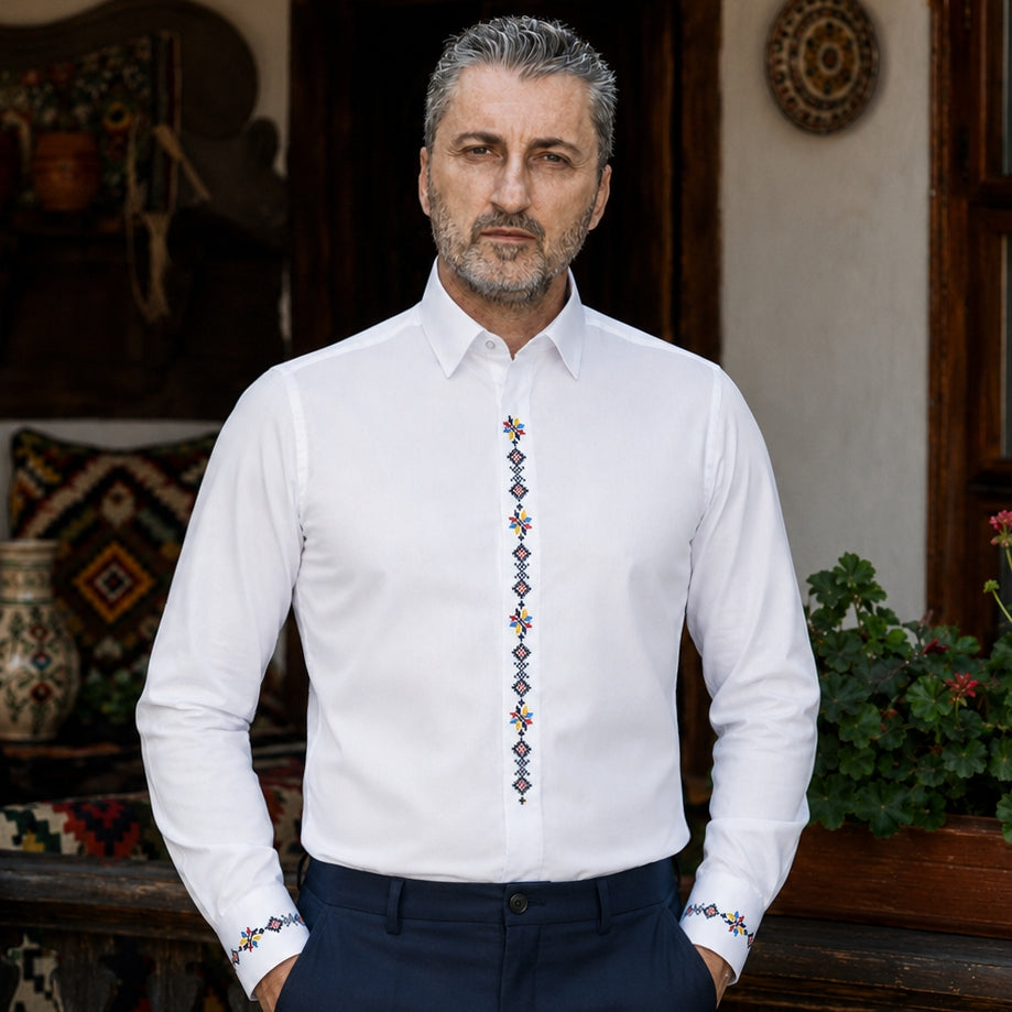 Men's casual white traditional shirt embroidered in four colors Merer