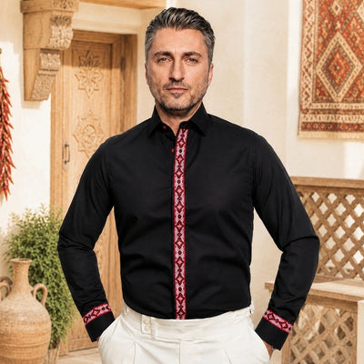 Men's casual black shirt with traditional red motifs Merer