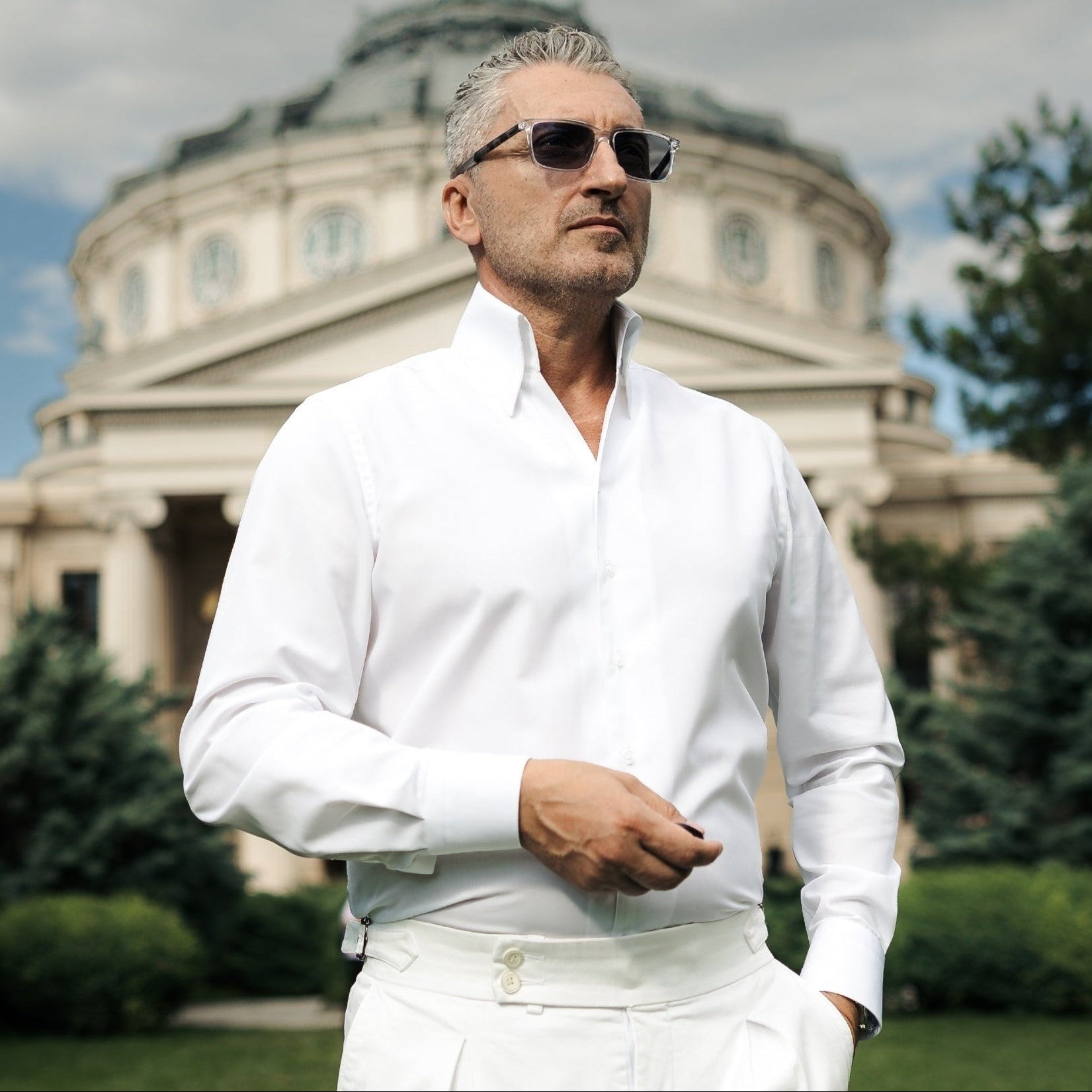 Camasa barbati alba casual guler foarte inalt fara nasturi Merer
