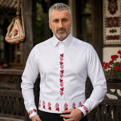 Men's casual traditional white shirt and belt embroidered with grape motifs Merer