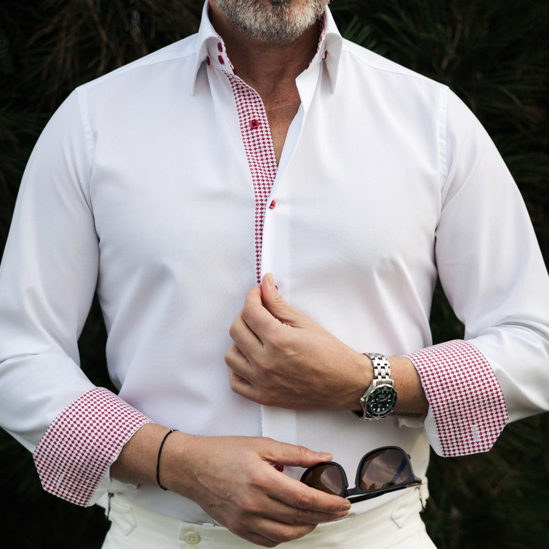 Camasa barbati alba business casual cu garnituri in contrast Merer