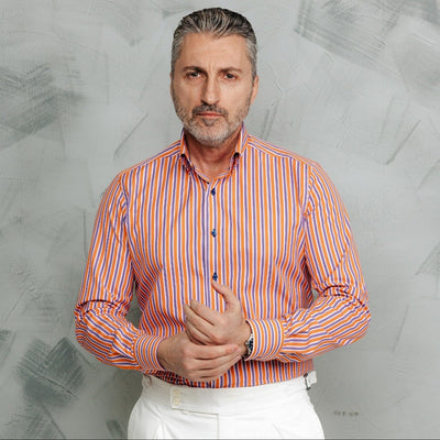 Cămașă bărbați Casual in dungi portocalii si bleumarin Merer