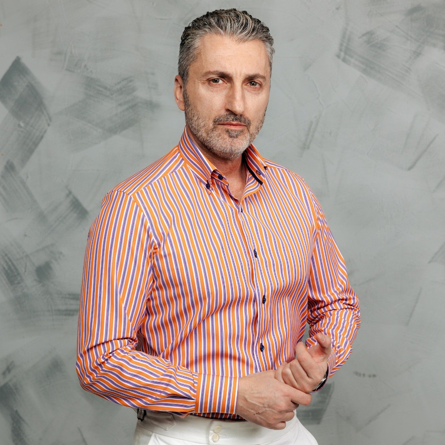 Cămașă bărbați Casual in dungi portocalii si bleumarin Merer