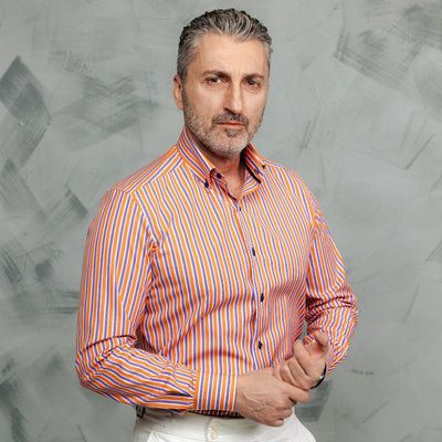 Cămașă bărbați Casual in dungi portocalii si bleumarin Merer