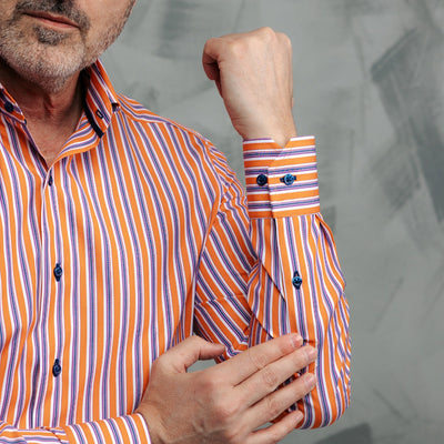 Cămașă bărbați Casual in dungi portocalii si bleumarin Merer