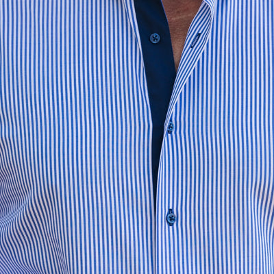 Men's business casual shirt in blue stripes with Merer trims