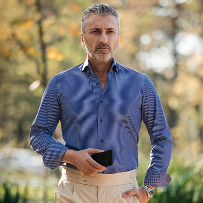 Camasa barbati casual dungi bleumarin cu detalii buline Merer