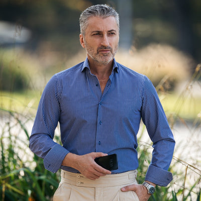 Camasa barbati casual dungi bleumarin cu detalii buline Merer