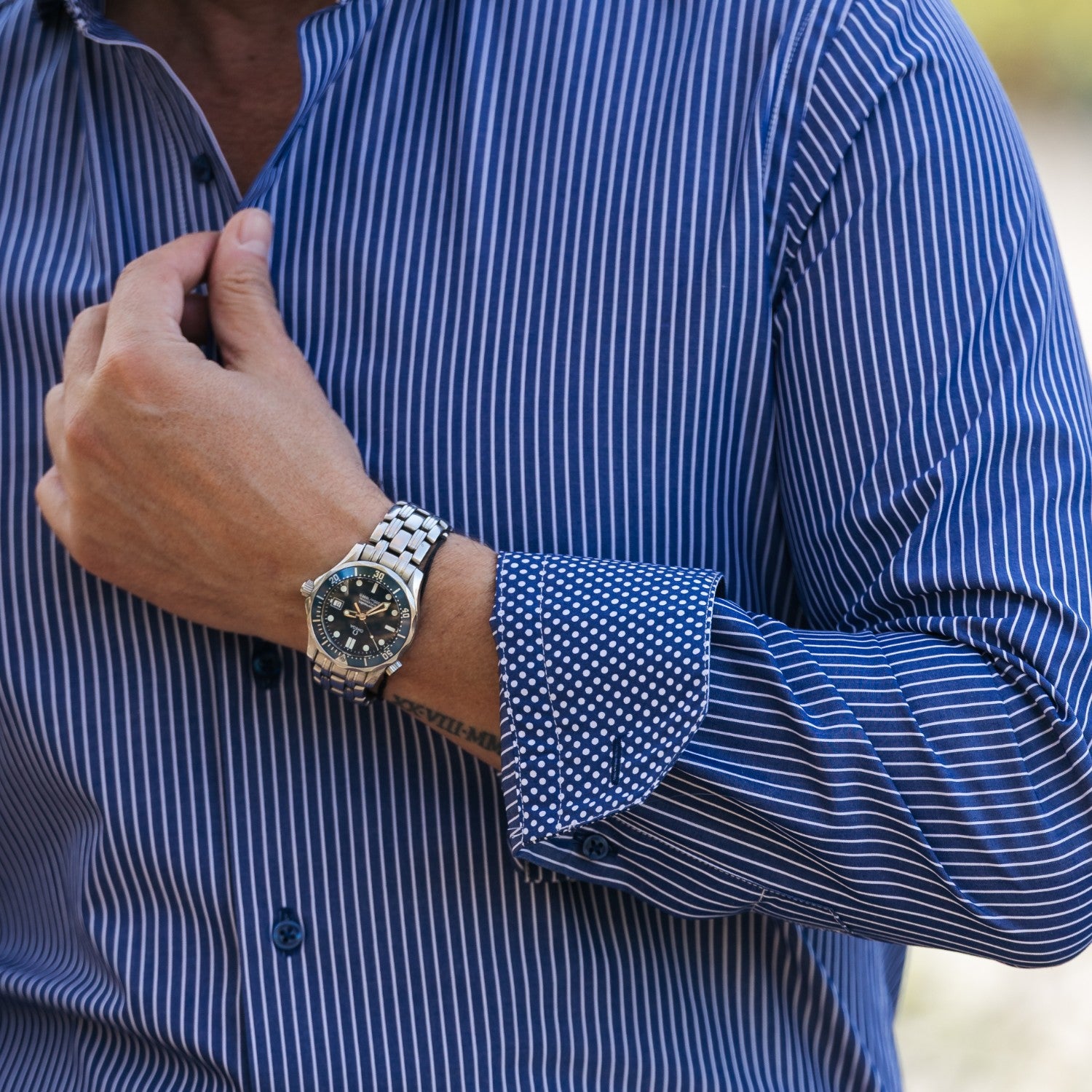 Camasa barbati casual dungi bleumarin cu detalii buline Merer