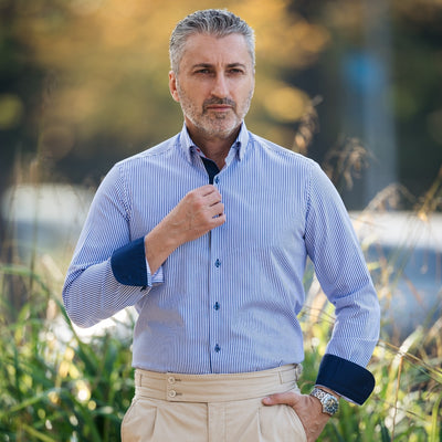 Men's business casual shirt in blue stripes with Merer trims