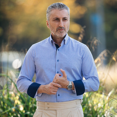Men's business casual shirt in blue stripes with Merer trims