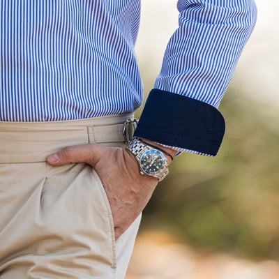 Men's business casual shirt in blue stripes with Merer trims