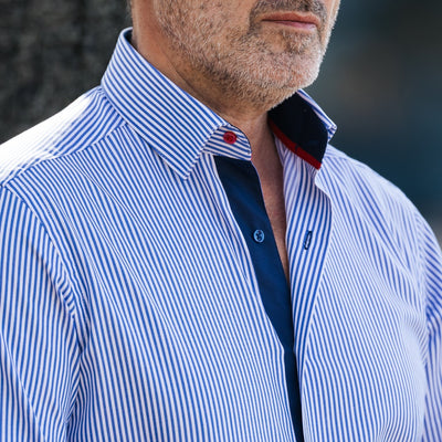 Men's business casual shirt in blue stripes with Merer trims