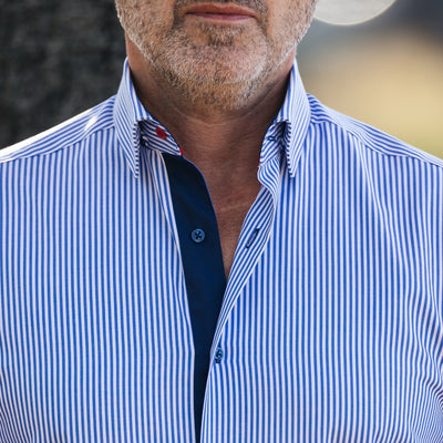 Men's business casual shirt in blue stripes with Merer trims