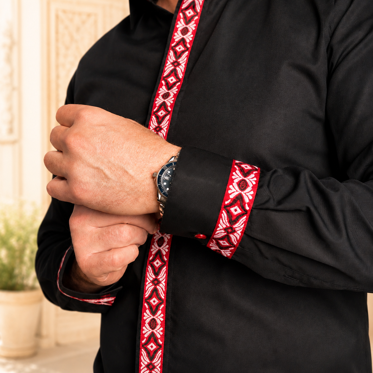 Camasa barbati casual neagra cu motive traditionale rosii Merer