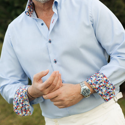 Men's blue business casual shirt with floral trims Merer 