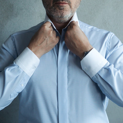 Men's blue business shirt with collar and white cuffs Merer