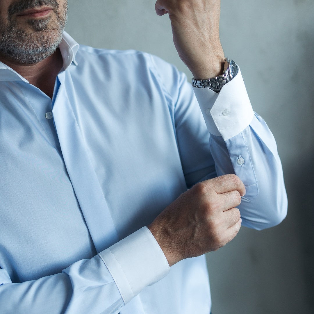 Men's blue business shirt with collar and white cuffs Merer