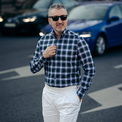 Men's casual shirt in navy blue and green Merer plaid