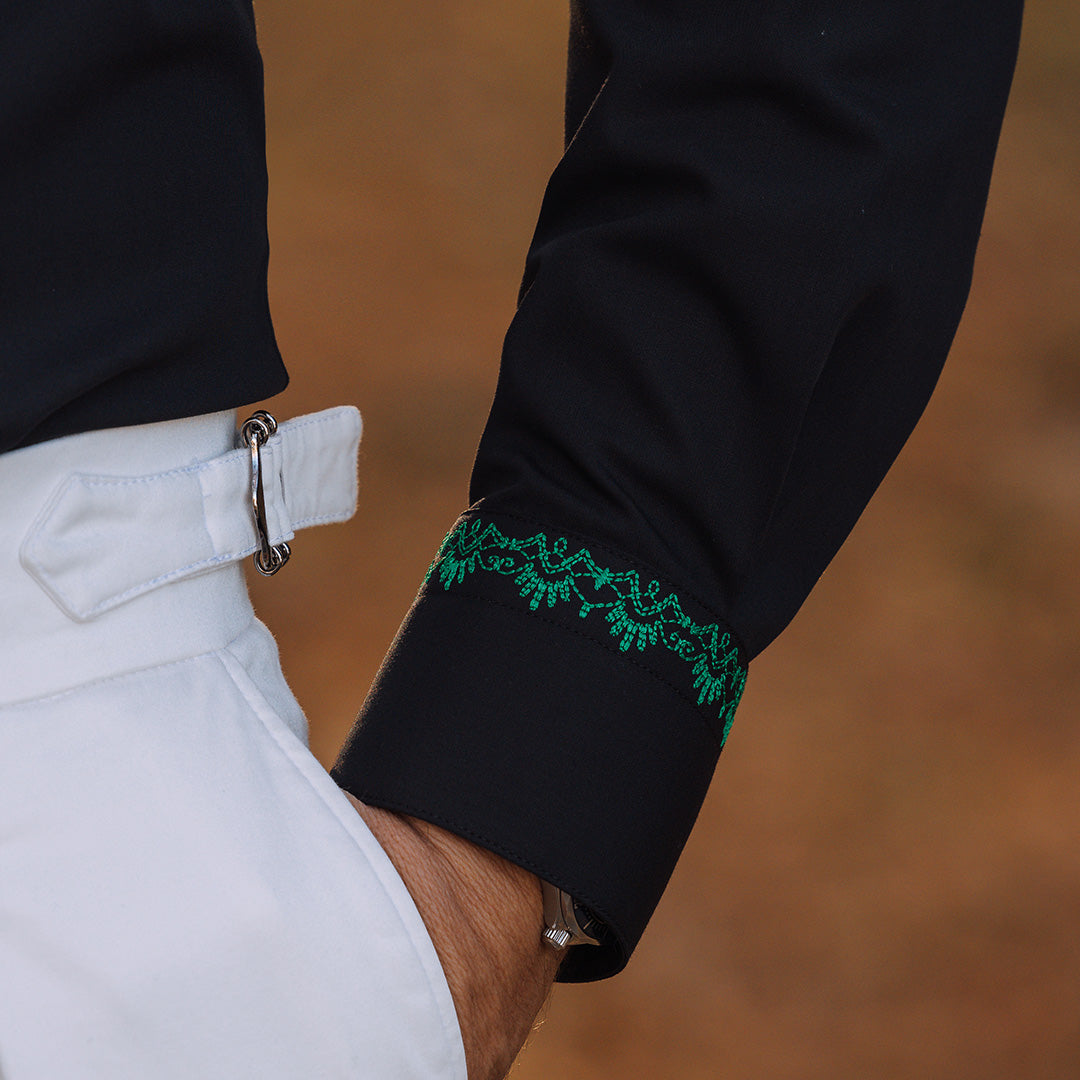 Men's casual black traditional shirt embroidered with green thread Merer