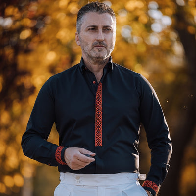 Men's black casua shirt with tunic collar and red embroidery Merer