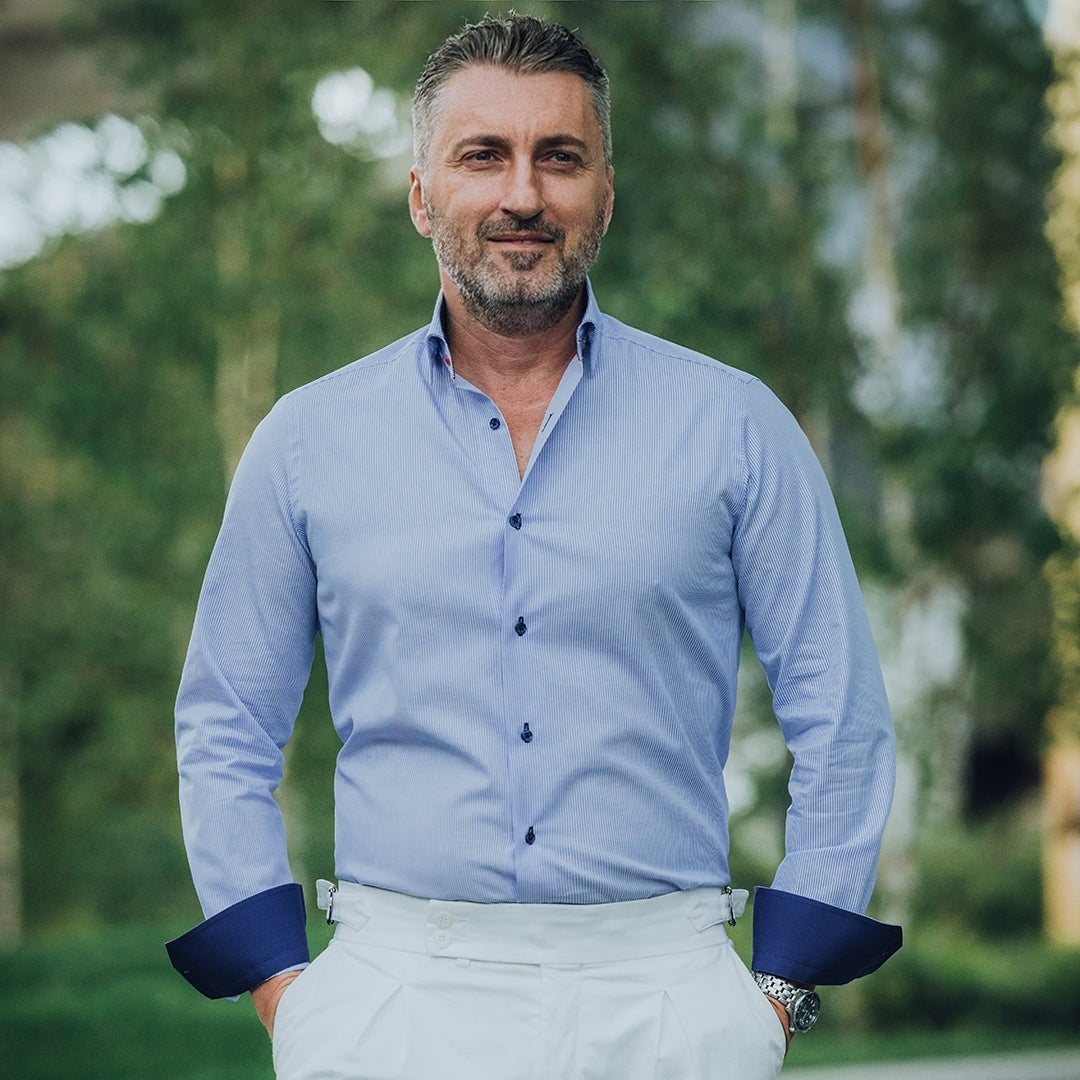 Camasa barbati in dungi fine bleu cu detalii de design business casual Merer