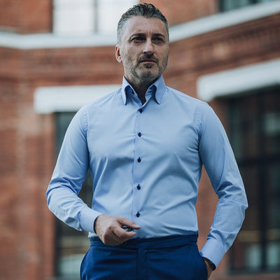 Camasa barbati bleu cu guler lung business casual Merer