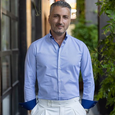 Men's blue business casual shirt with Merer design details