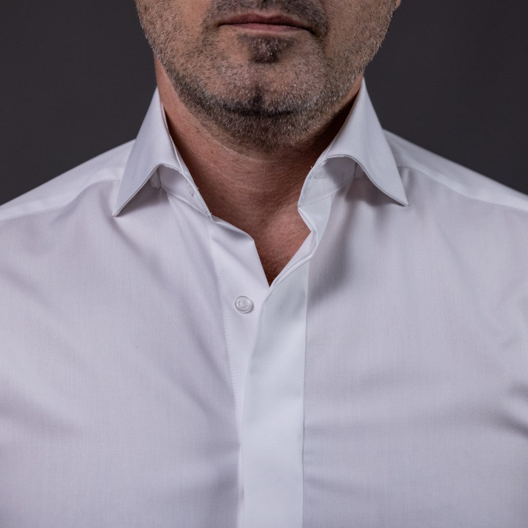 Camasa barbati alba cu guler open mansete duble butoni Merer