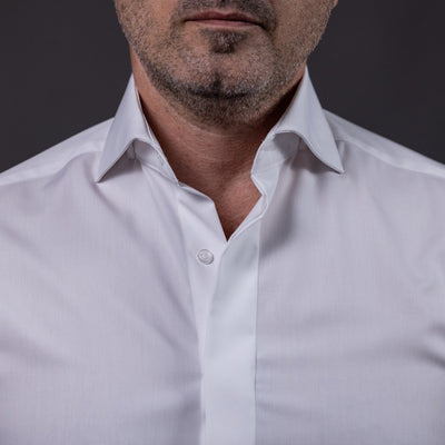 Camasa barbati alba cu guler open mansete duble butoni Merer