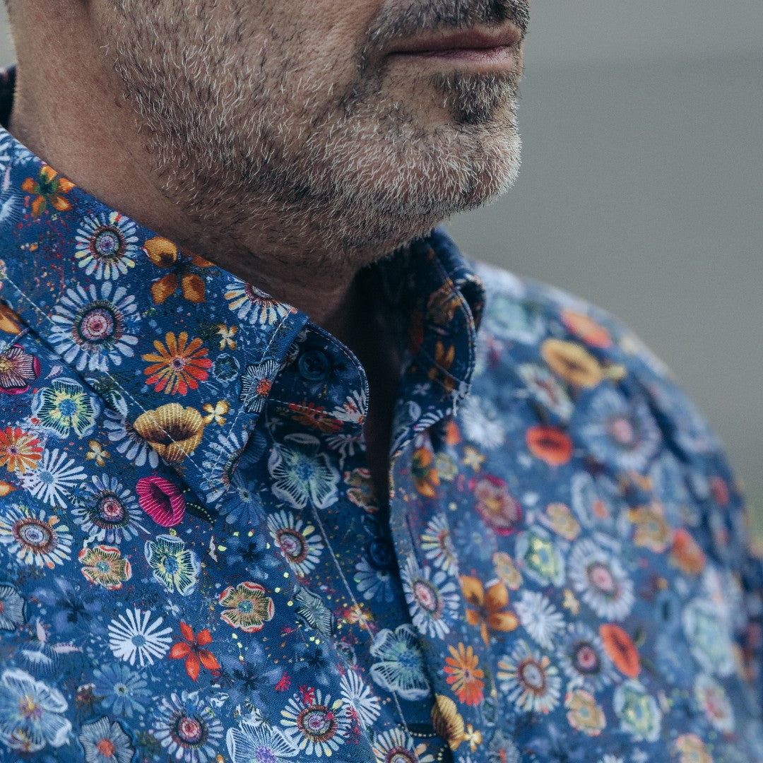 Men's casual blue printed shirt with floral pattern Merer 